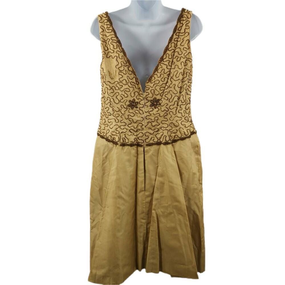 Vintage Gold Embellished Cocktail Dress with Satin Skirt & Back Train - Picture 4 of 9
